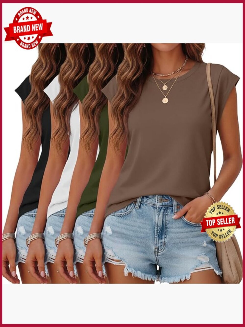 4 Pack Women's Cap Sleeve T-Shirts Crewneck Casual Tops Loose Fit